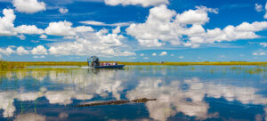 Florida eco-camping adventure. Boat in the Everglades.